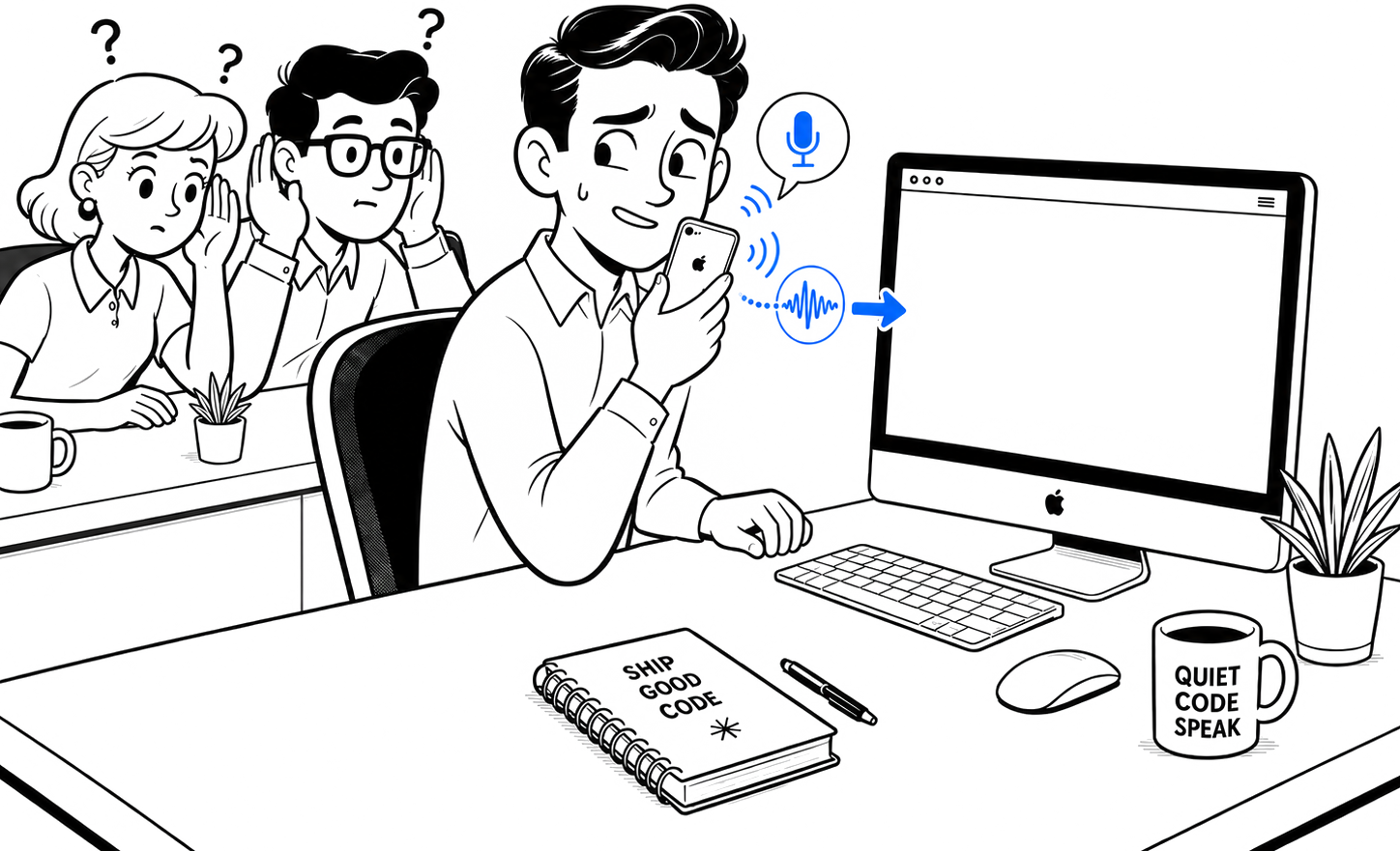 A developer speaking quietly into an iPhone while text appears on a Mac in an open office